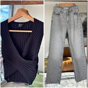 Outfit Zara High Waist Straight Leg Jeans, Light Gray, 0, White Fox Crop Top, S